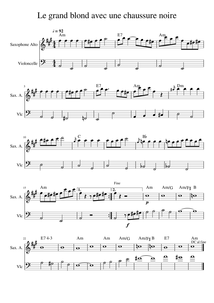Le grand blond avec une chaussure noire Sheet music for Saxophone alto,  Cello (Mixed Duet) | Musescore.com