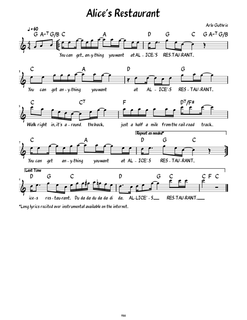 Alice's Restaurant (Lead sheet with lyrics ) Sheet music for Piano