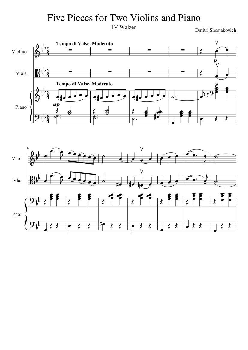 Five Pieces for Two Violins and Piano - IV Walzer Sheet music for Piano,  Violin, Viola (Mixed Trio) | Musescore.com