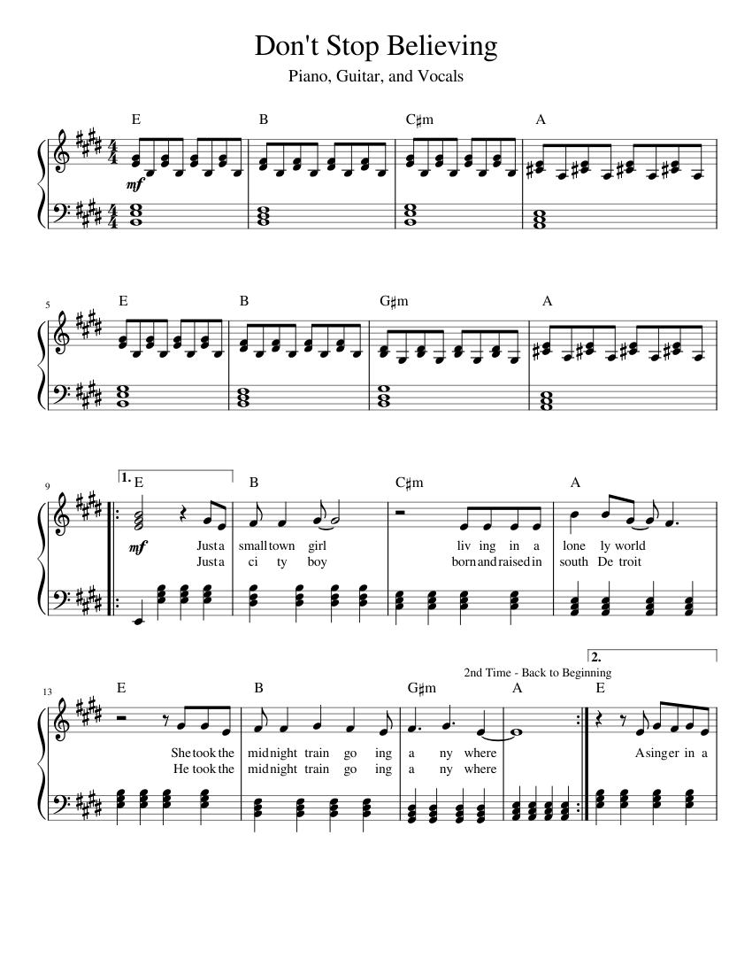 Don't Stop Believing (Piano, Guitar, Vocals) Sheet music for Piano