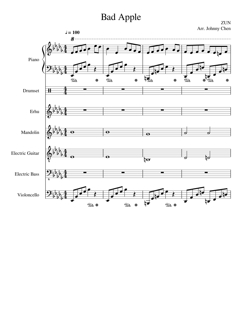 Bad Apple Sheet Music For Piano Drum Group Cello Guitar More Instruments Mixed Ensemble Musescore Com