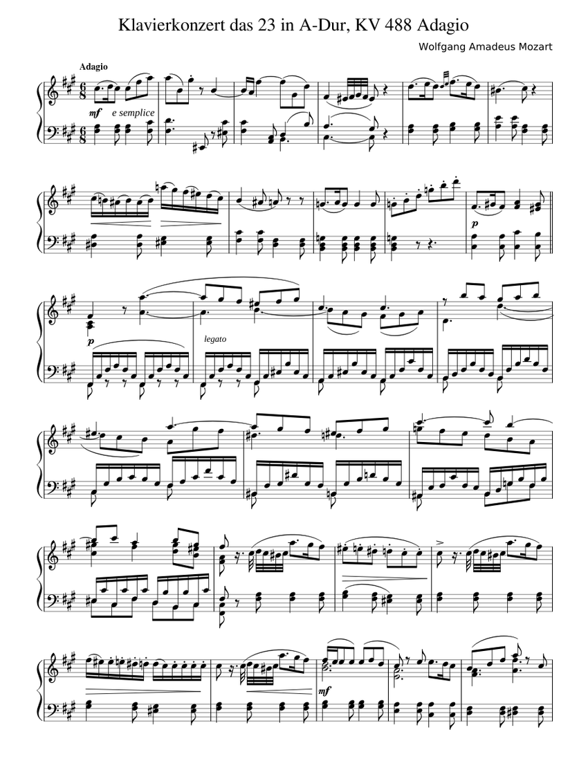 Mozart Piano Concerto No. 23 II. Adagio KV 488 - pour piano solo Sheet  music for Piano (Solo) | Musescore.com