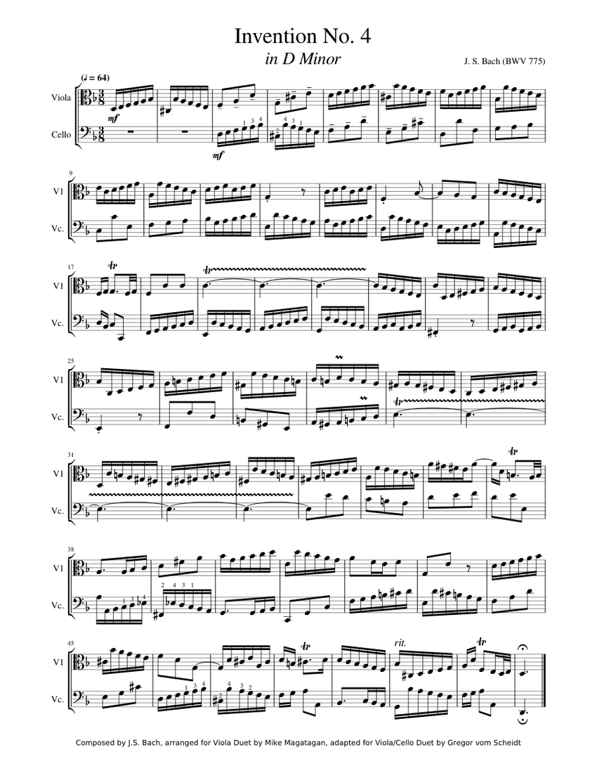 Bach BWV 775 Invention No. 4 for Viola/Cello Duet Sheet music for Viola ...