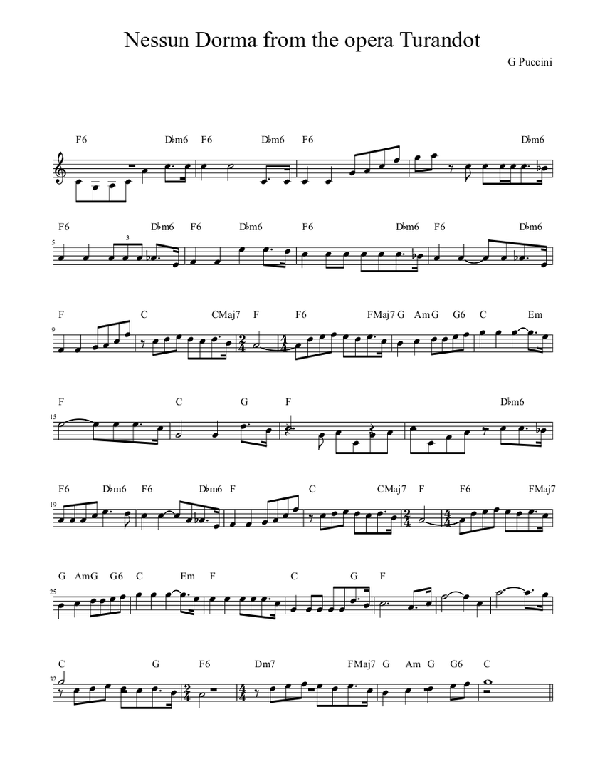 Nessun Dorma from the opera Turandot Sheet music for Violin (Solo ...