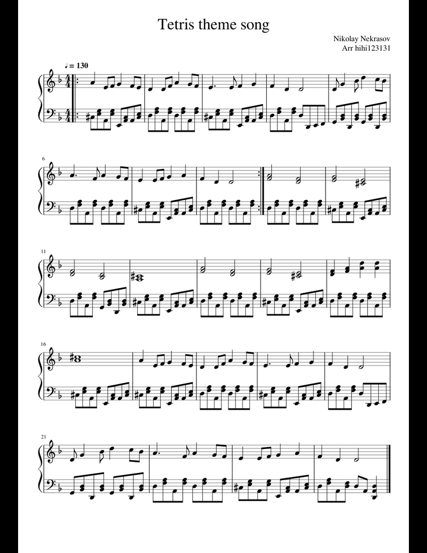 Tetris Theme Song Piano Sheet Music For Piano (Solo) | Musescore.com