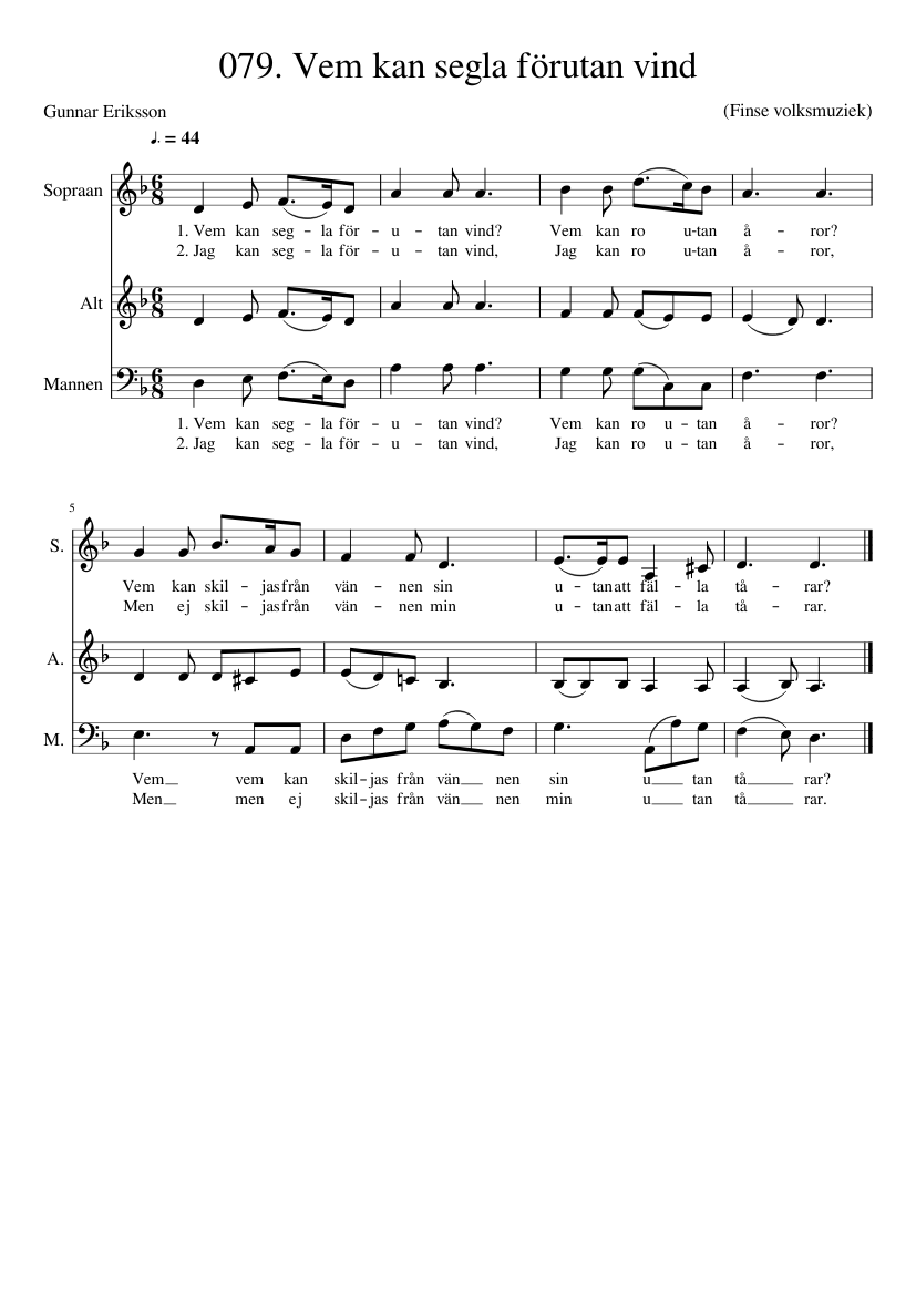 079. Vem kan segla förutan vind Sheet music for Soprano, Alto, Bass voice  (Choral) | Musescore.com