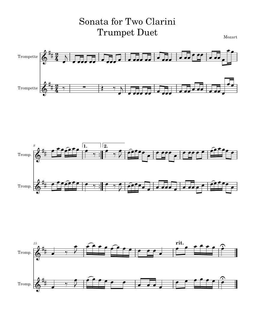 Clarini Sonata for two clarini – Mozart - Trumpet Duet - Sheet Music for ...