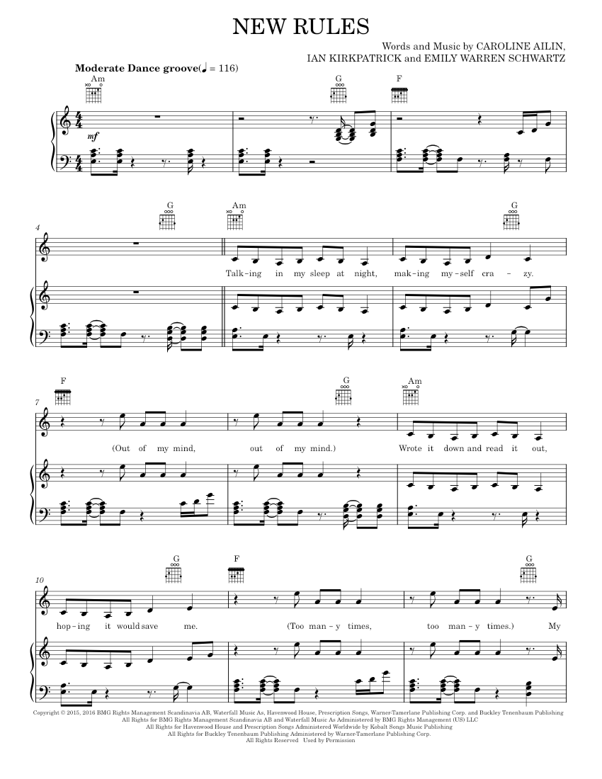 Play Official version of New rules Sheet Music by Dua Lipa for Piano ...