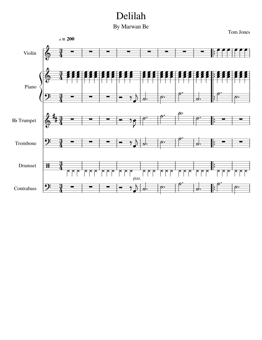 Tom Jones - Delilah Sheet music for Piano, Trombone, Trumpet in b-flat,  Contrabass & more instruments (Piano Sextet) | Musescore.com
