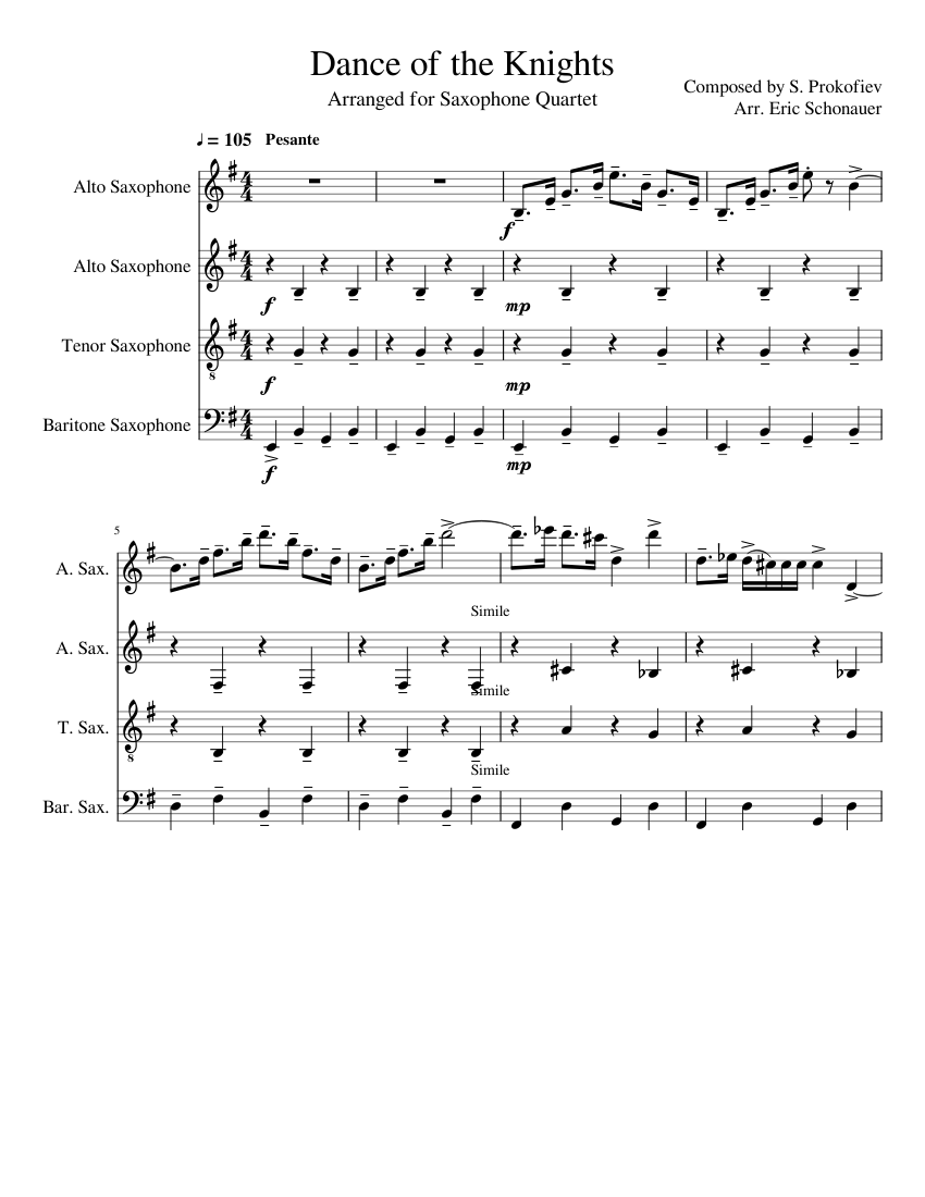Dance of the Knights Sheet music for Saxophone alto, Saxophone tenor,  Saxophone baritone (Saxophone Ensemble) | Musescore.com