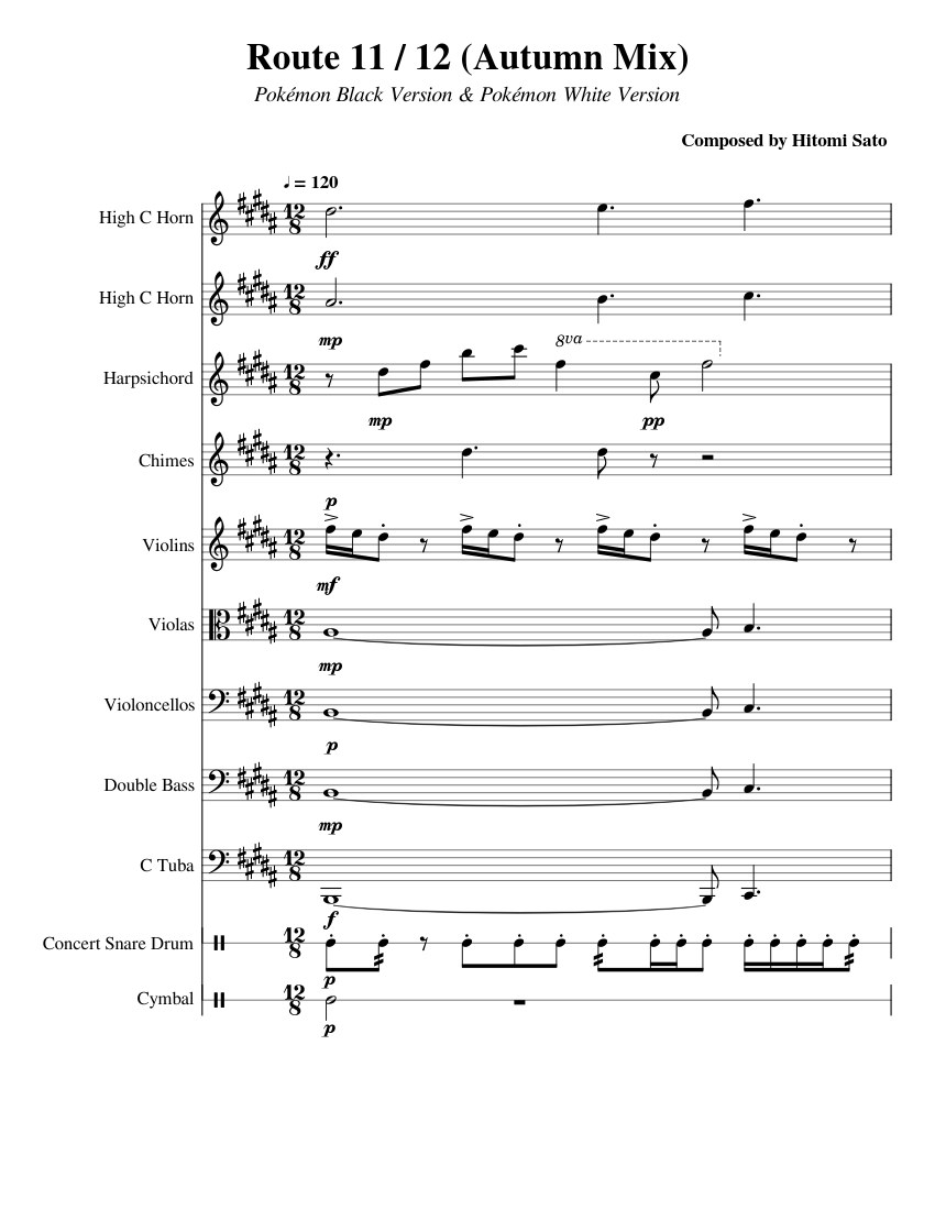 Pokémon Black and White - Route 11 / 12 (Autumn Mix) Sheet music for  Harpsichord, Tuba, Contrabass, Snare drum & more instruments (Mixed  Ensemble) | Musescore.com
