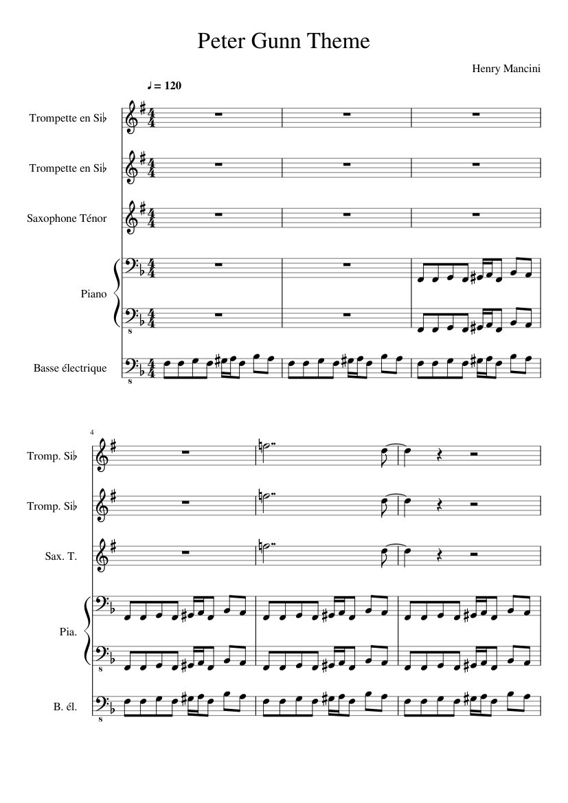 Peter Gunn Theme Sheet music for Piano, Saxophone tenor, Trumpet in b-flat,  Bass guitar (Mixed Quintet) | Musescore.com