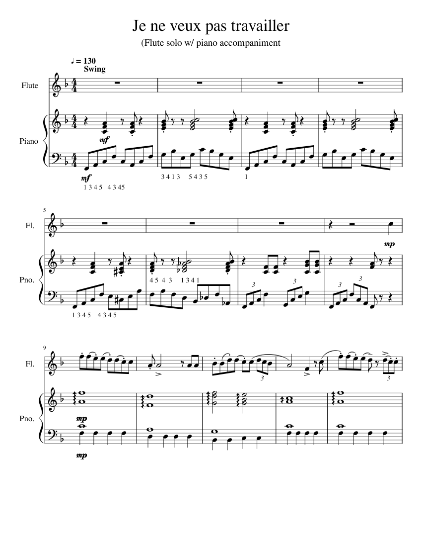 Je ne veux pas travailler Sheet music for Piano, Flute (Solo) |  Musescore.com