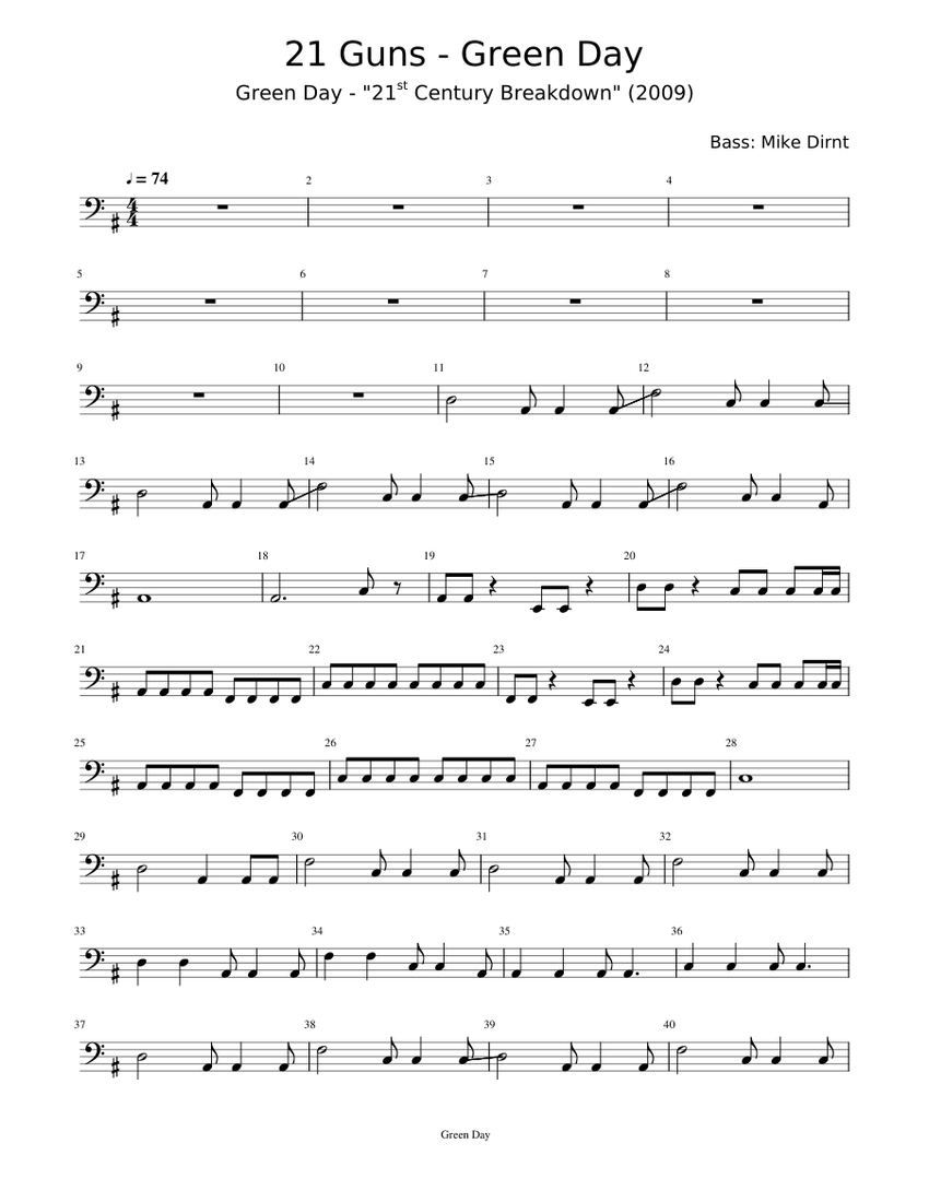 Green Day - 21 Guns - Bass Chords Sheet music for Piano (Solo) Easy |  Musescore.com