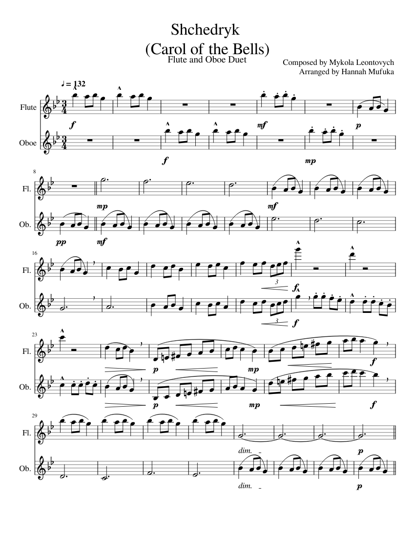 Shchedryk (Carol of the Bells) Sheet music for Flute, Oboe (Woodwind ...