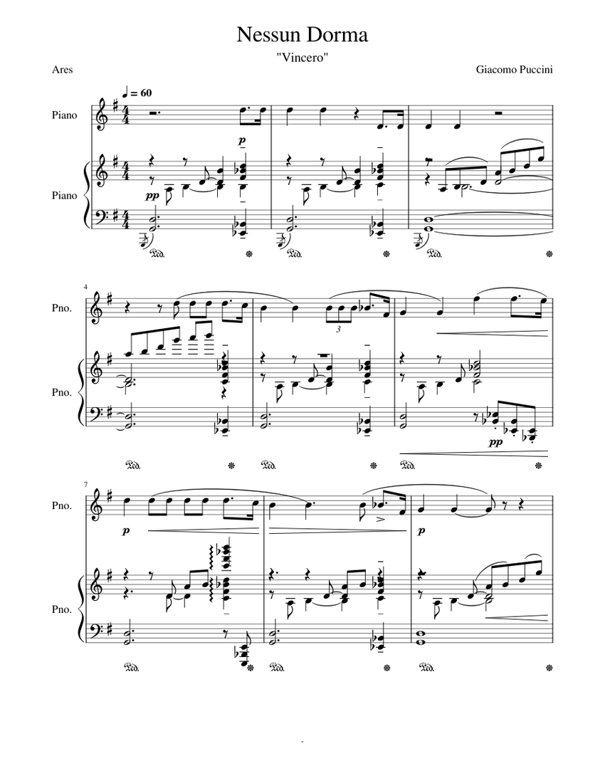 Nessun Dorma Solo Piano – Giacomo Puccini Sheet Music For Piano (Solo ...