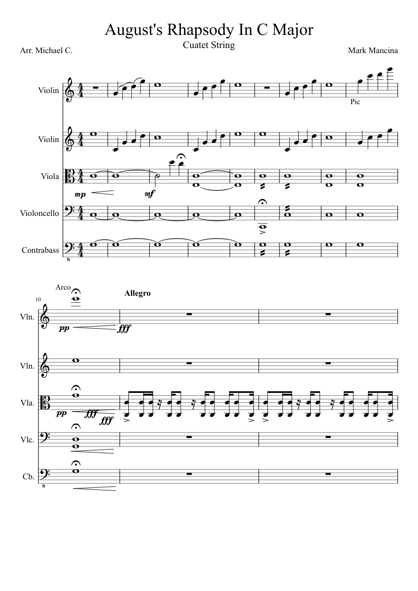 August s Rhapsody In C Major arr:Michael Coxaj Sheet music for Violin,  Viola, Woodwinds (other) (Mixed Quartet) | Musescore.com