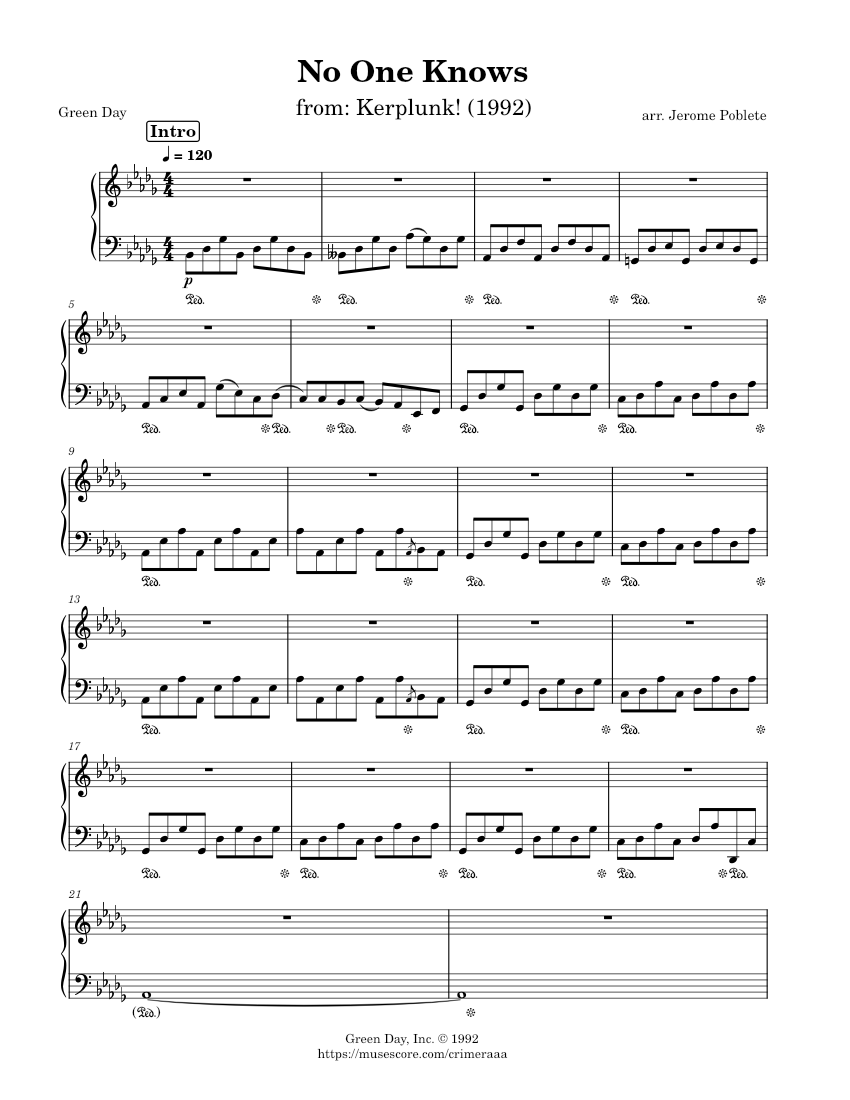 No One Knows – Green Day Sheet music for Piano (Solo) | Musescore.com