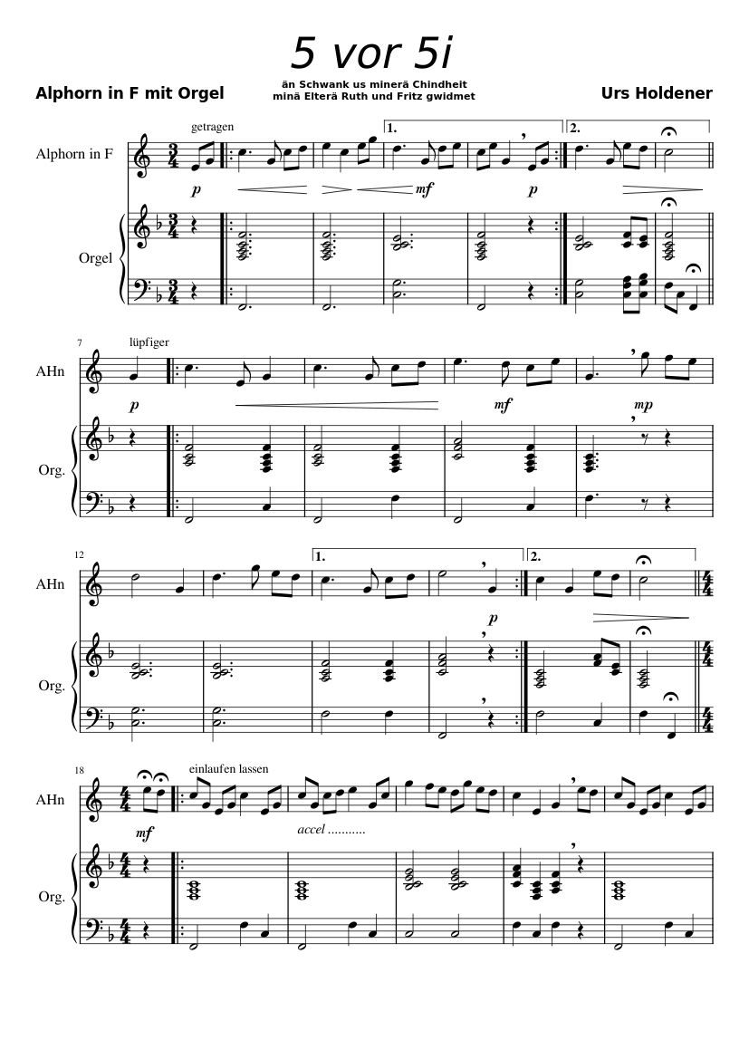 5 vor 5i (Alphorn/Organ) Sheet music for Organ, French horn (Solo ...