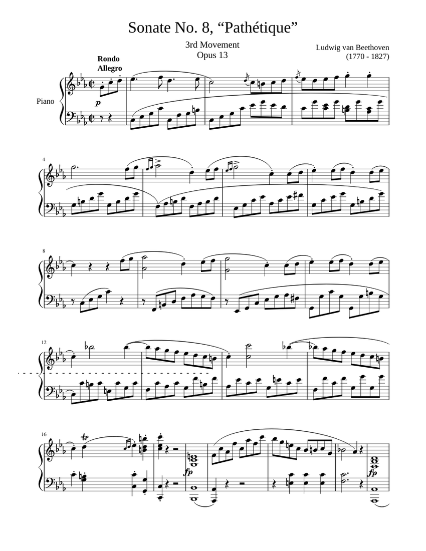 Sonata No. 8 in Cm, Op. 18, "Pathetique," Mov. 3 - Ludwig van Beethoven  Sheet music for Piano (Solo) | Musescore.com