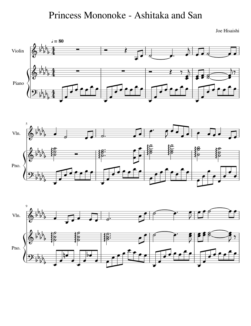 Ashitaka and San - Piano and Violin - piano tutorial