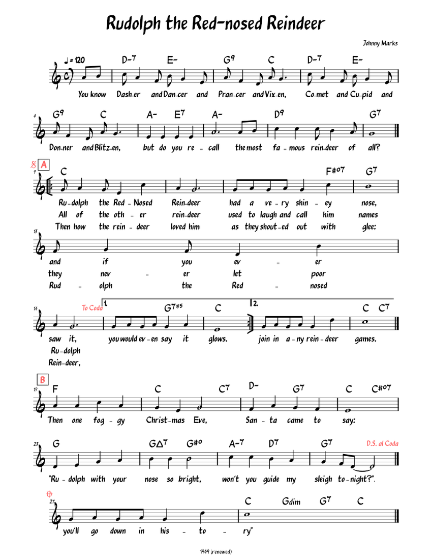 Rudolph The Red-Nosed Reindeer (Lead sheet lyrics ) Sheet for (Solo) | Musescore.com