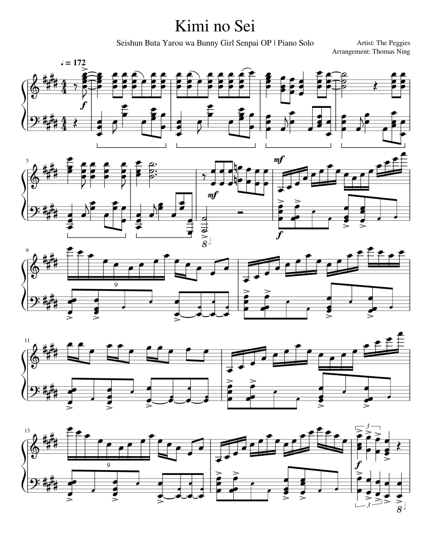 The Peggies Kimi no Sei for Piano Solo Sheet music