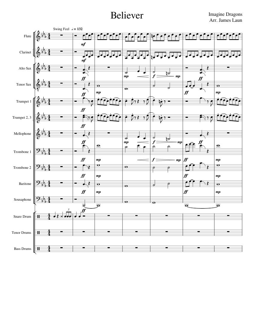 Believer Sheet music for Trombone, Mellophone, Flute, Clarinet in b ...