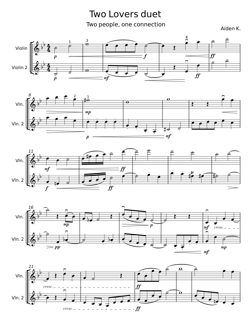 Two Lovers duet - Aiden K. Sheet Music for Violin (String Duet ...