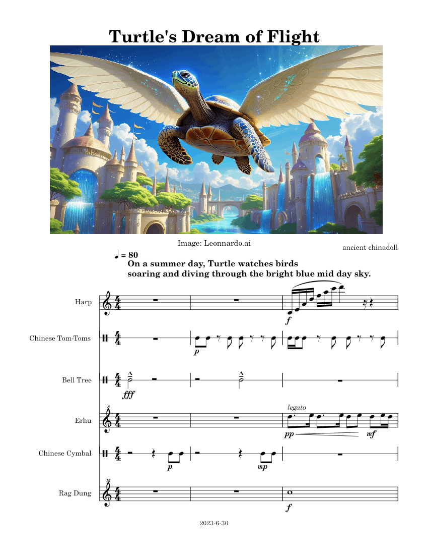 Turtle's Dream of Flight Sheet Music for Piano, Organ, Drum group, Harp ...