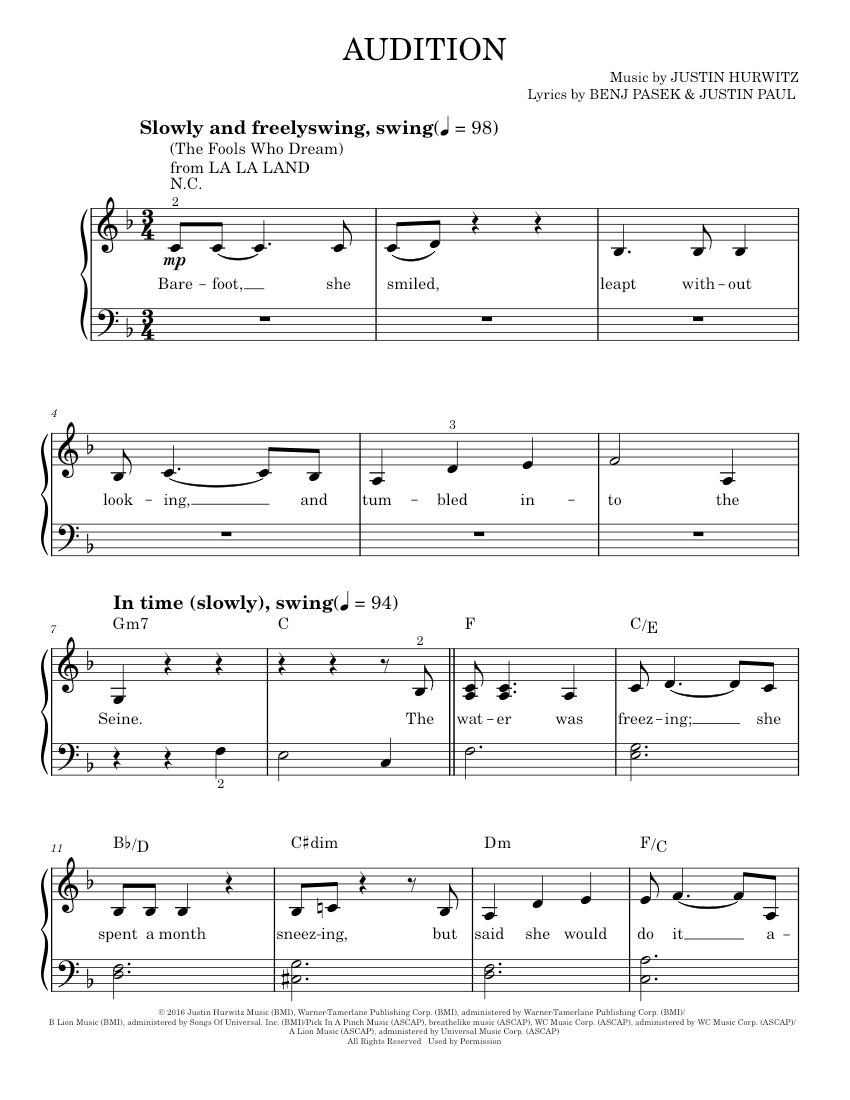 Audition (The Fools Who Dream) Sheet music for Piano by Emma Stone ...