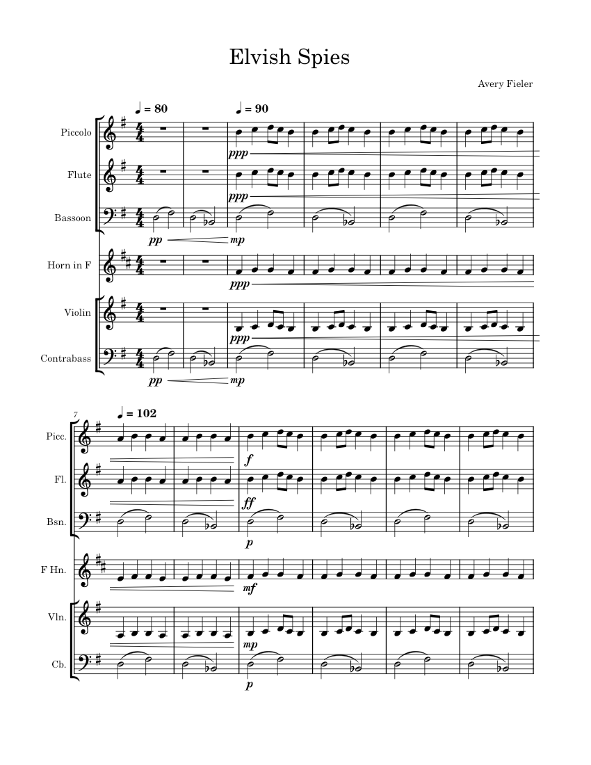 Elvish Spies Sheet music for Flute piccolo, Flute, Bassoon, French horn ...