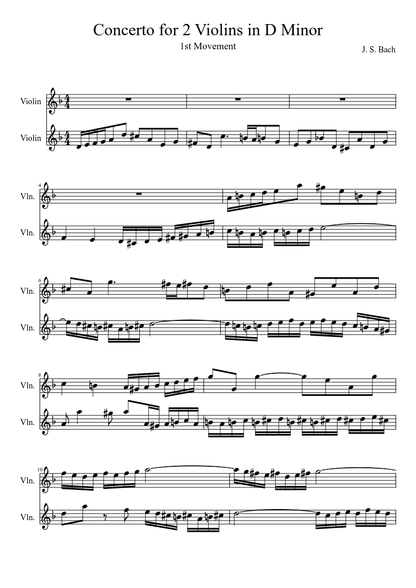 Concerto for 2 Violins in D Minor, Mvt. 1 Sheet Music for Violin ...