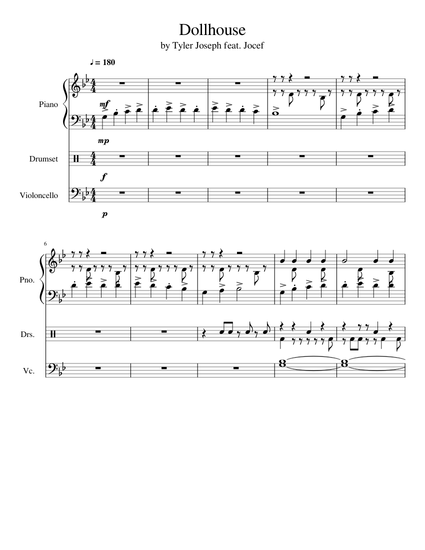 Dollhouse by Tyler Joseph feat. Jocef Sheet music for Piano, Cello, Drum group (Mixed Trio
