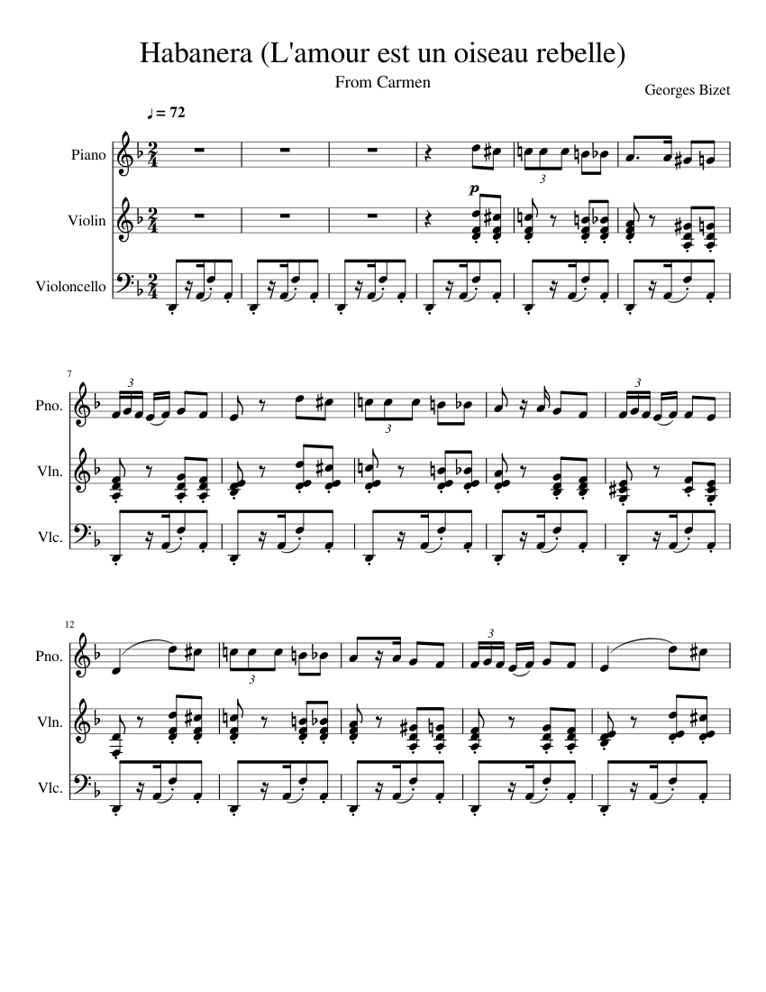 Habanera (L'amour est un oiseau rebelle) Sheet music for Piano, Violin,  Cello (Piano Trio) | Musescore.com