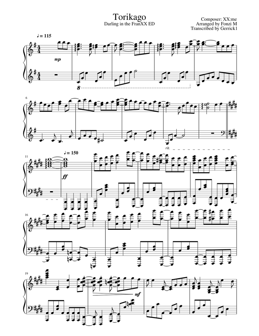 PIANO] Darling in the FranXX ED - "Torikago" XX:me [Fonzi M] Sheet music  for Piano (Solo) | Musescore.com