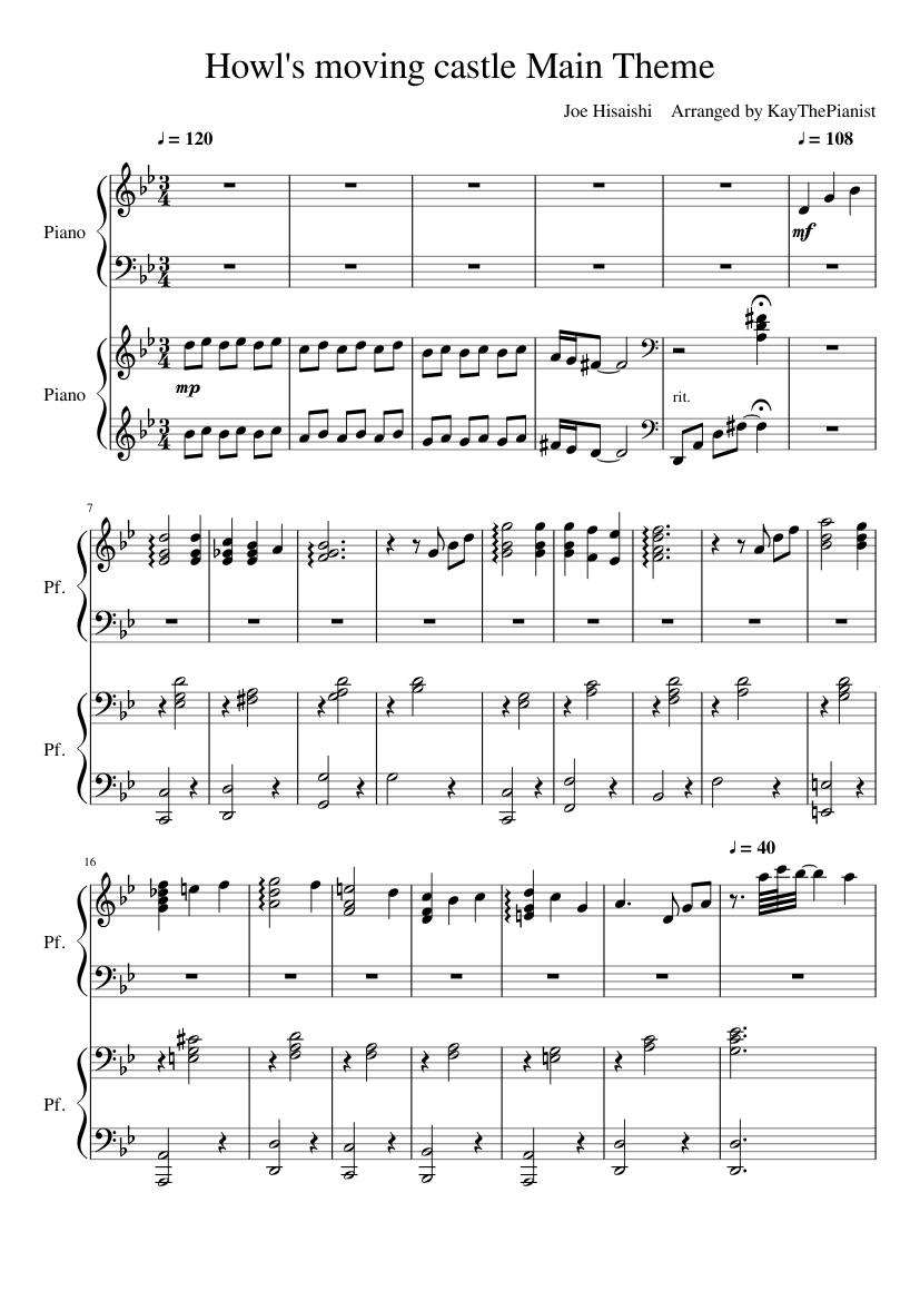 howl moving castle theme for solo piano sheet music