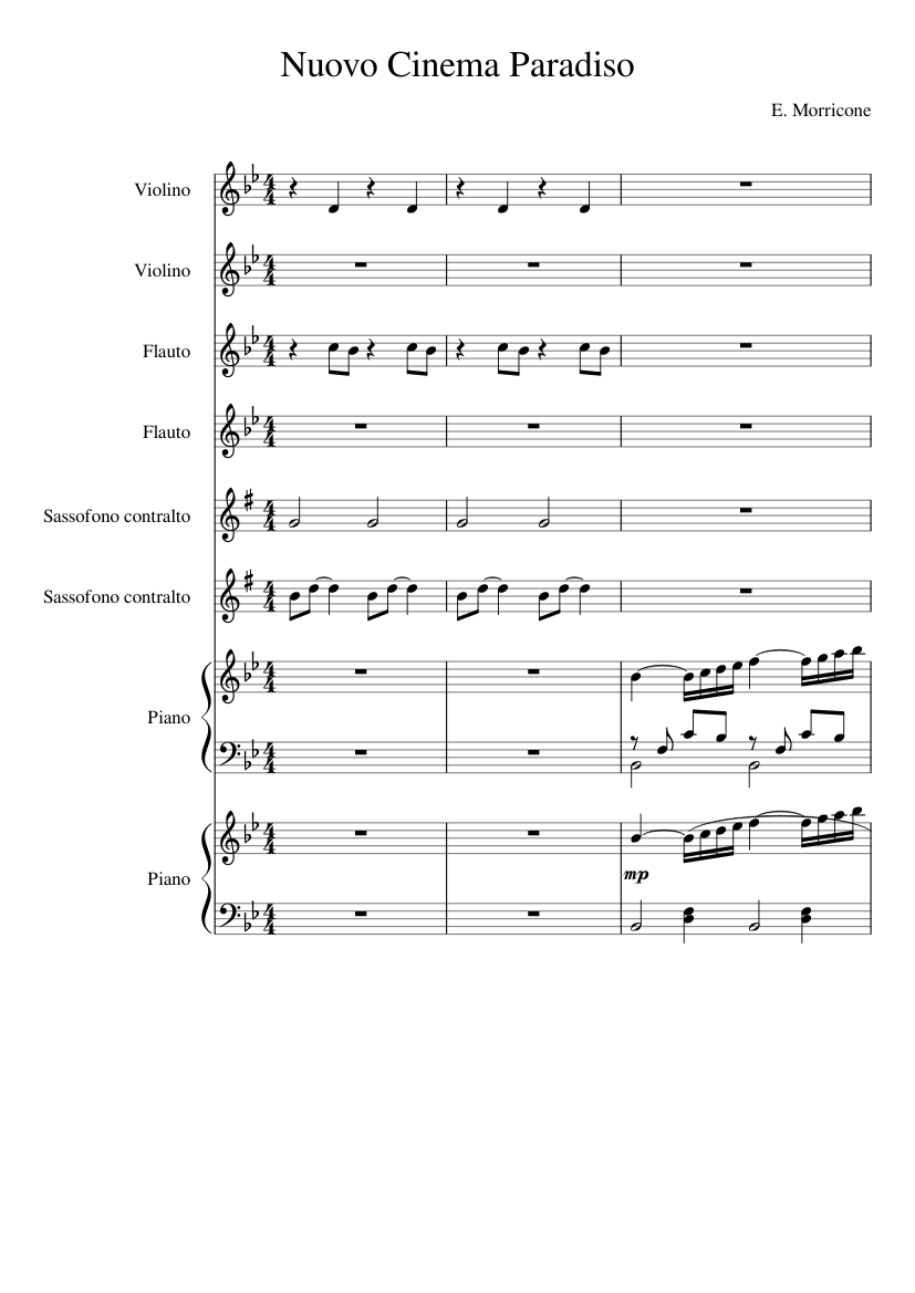 Nuovo Cinema Paradiso Sheet music for Piano, Flute, Saxophone alto, Violin  (Mixed Ensemble) | Musescore.com