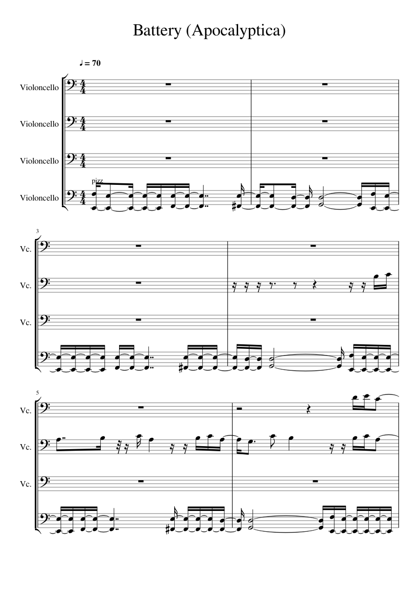 Battery (Apocalyptica/Metallica) Sheet music for Cello (Mixed Quartet) |  Musescore.com