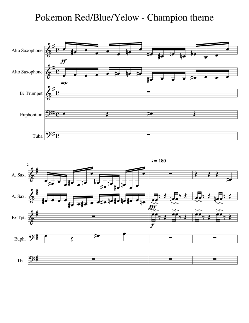 Pokemon Red/blue/yellow champion theme Sheet music for Euphonium, Tuba,  Saxophone alto, Trumpet in b-flat (Mixed Quintet) | Musescore.com