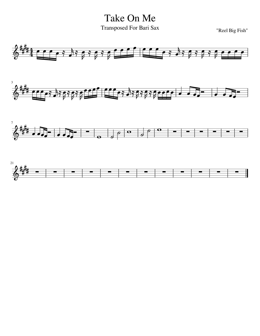 Take On Me by Reel Big Fish (Transposed for Bari Sax) Sheet music for  Saxophone baritone (Solo)