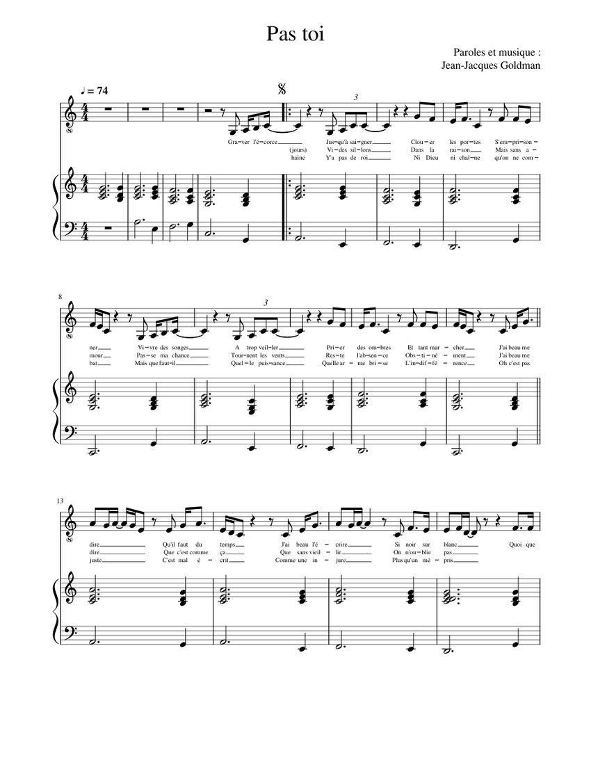 Pas_toi_J-J_Goldman Sheet music for Piano, Vocals (Piano-Voice) |  Musescore.com