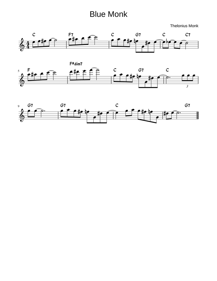 Blue Monk Sheet Music For Piano (Solo) Easy | Musescore.com