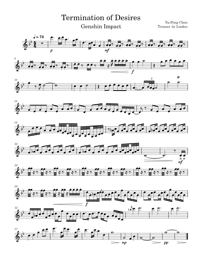 Termination Of Desires Yu Peng Chen From Genshin Impact Sheet Music For Violin Solo Musescore Com