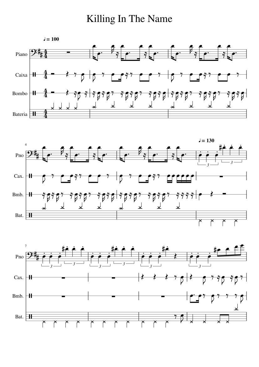 Rage Against the Machine Sheet Music for Piano, Snare drum, Drum