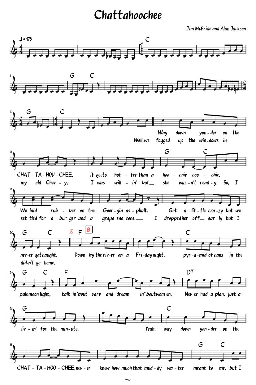 Chattahoochee (Lead sheet with lyrics ) Sheet Music for Piano (Solo ...