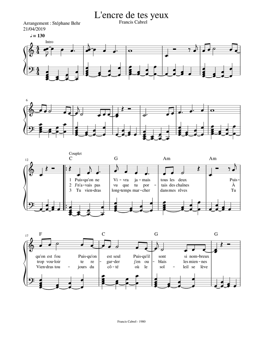 L'encre de tes yeux de Francis Cabrel - piano tutorial