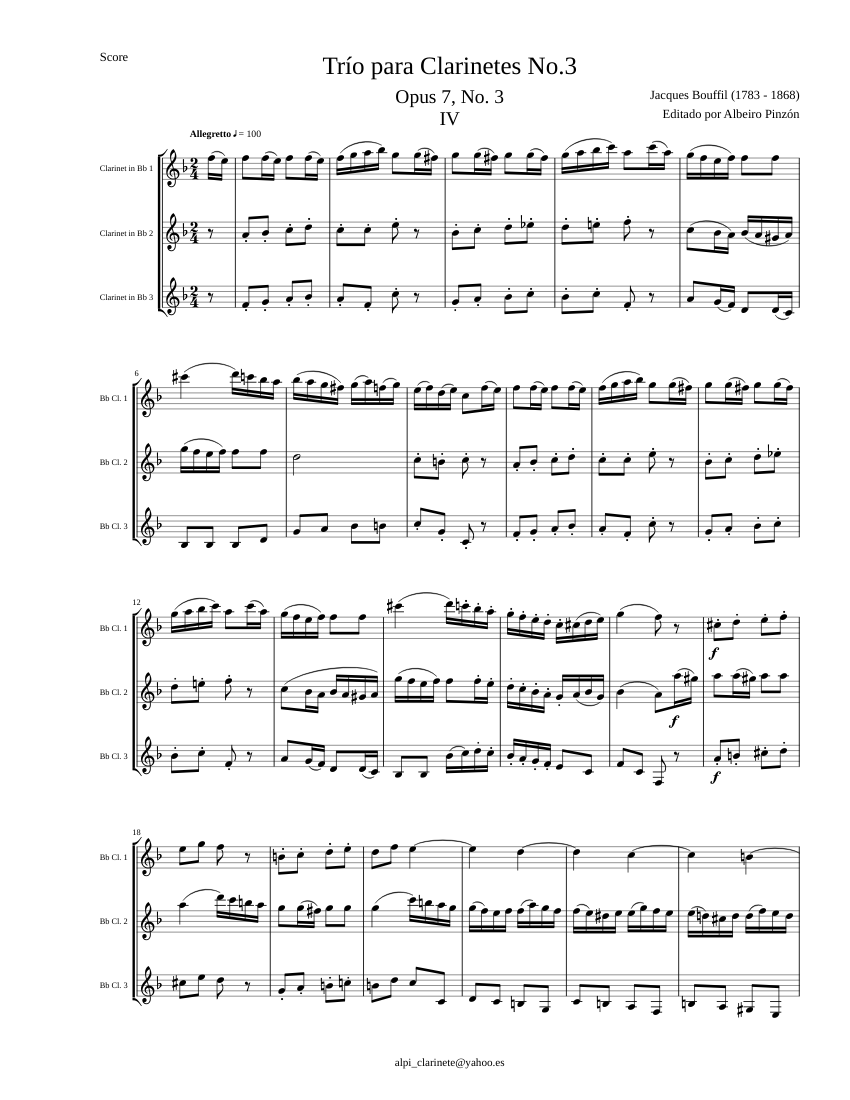 Trio para Clarinetes No. 3 op. 7, No. 3 4. Allegretto Sheet music for ...