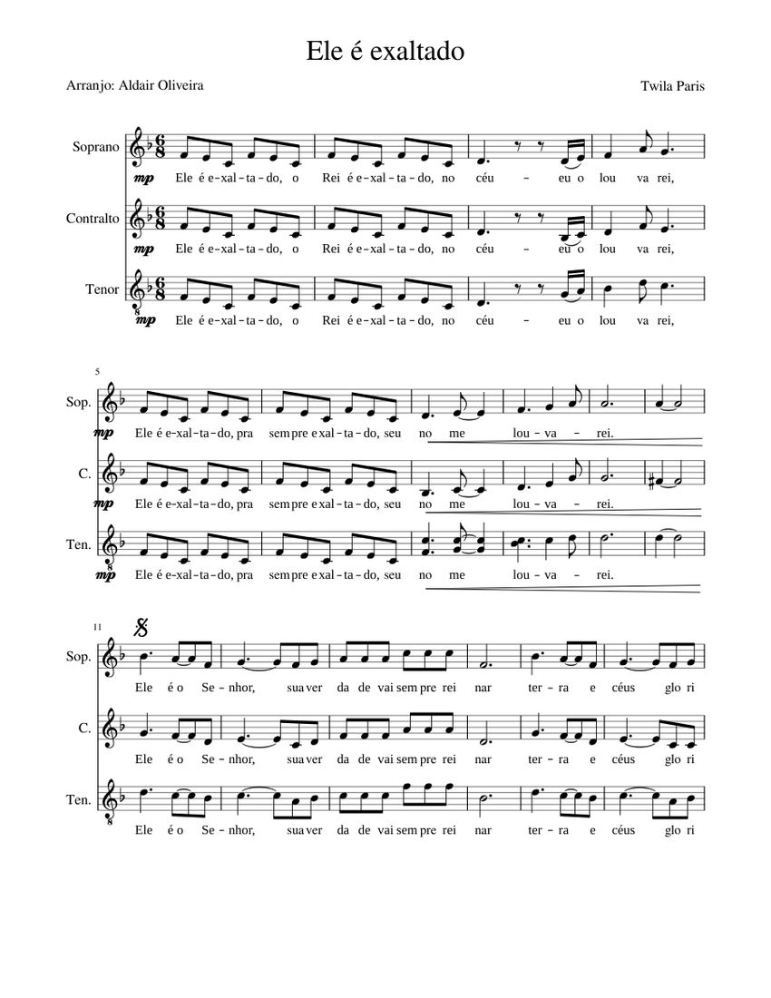 Ele exaltado Sheet music for Soprano, Tenor, Alto (Choral) | Musescore.com
