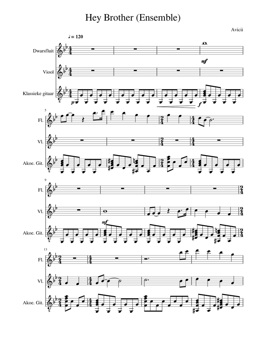 Hey Brother - Avicii Sheet music for Flute, Violin, Guitar (Mixed Trio) |  Musescore.com